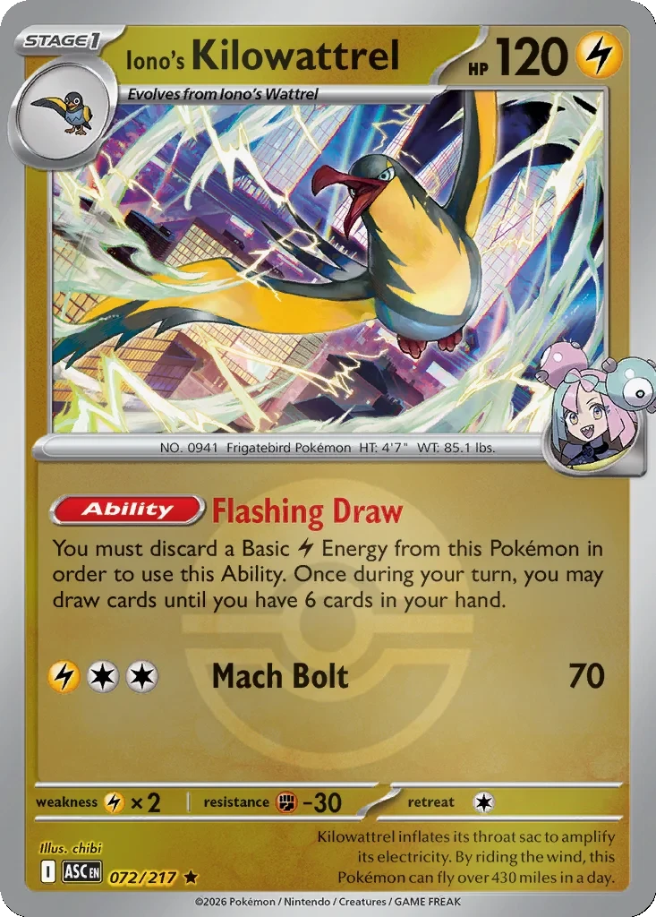 Iono’s Kilowattrel 072/217, Ascended Heroes, Poké Ball Pattern, English